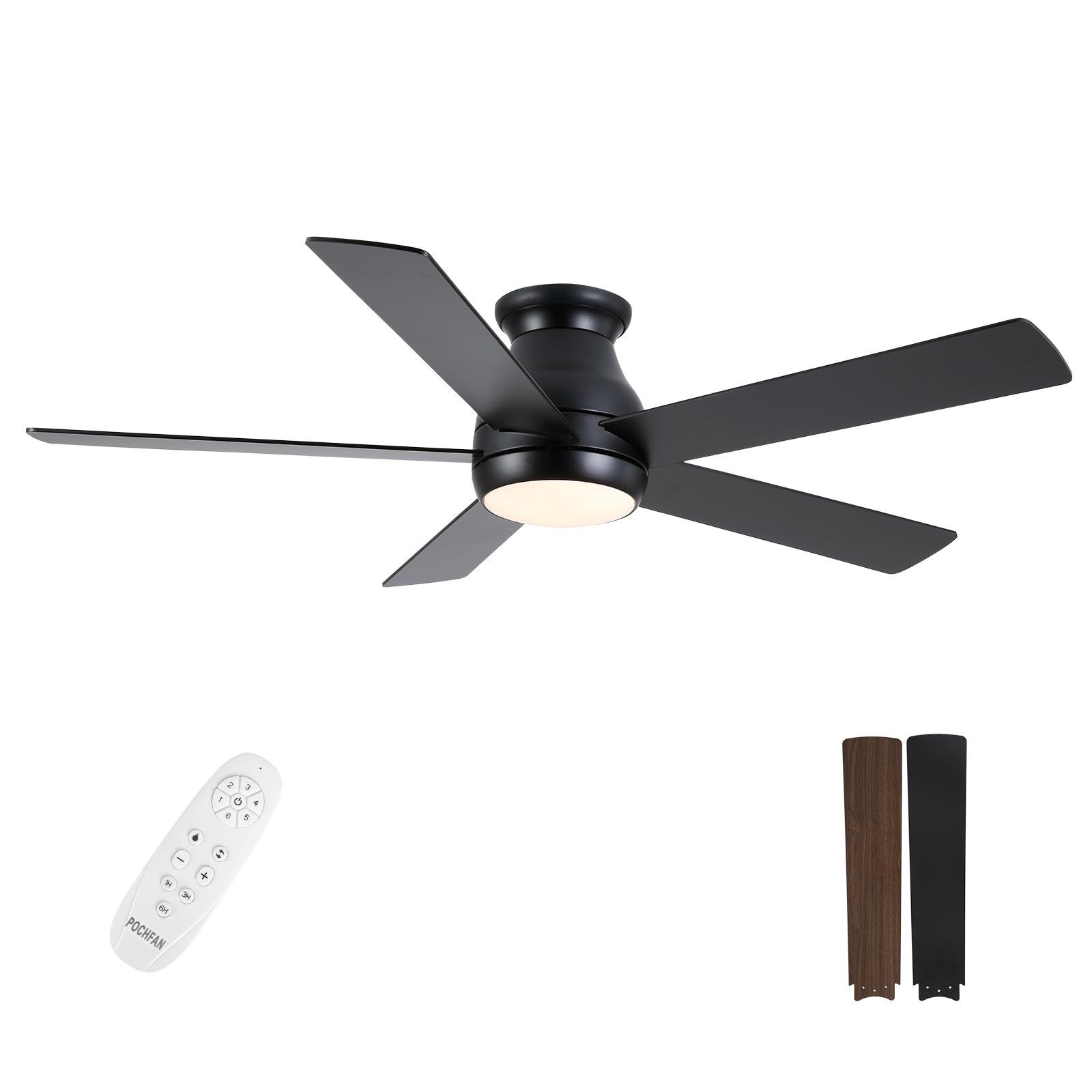 52 Inch Ceiling Fans with Lights and Remote LED Flush Mount Black Ceiling Fan with Quiet DC Motor Low Profile Modern Ceiling Fan