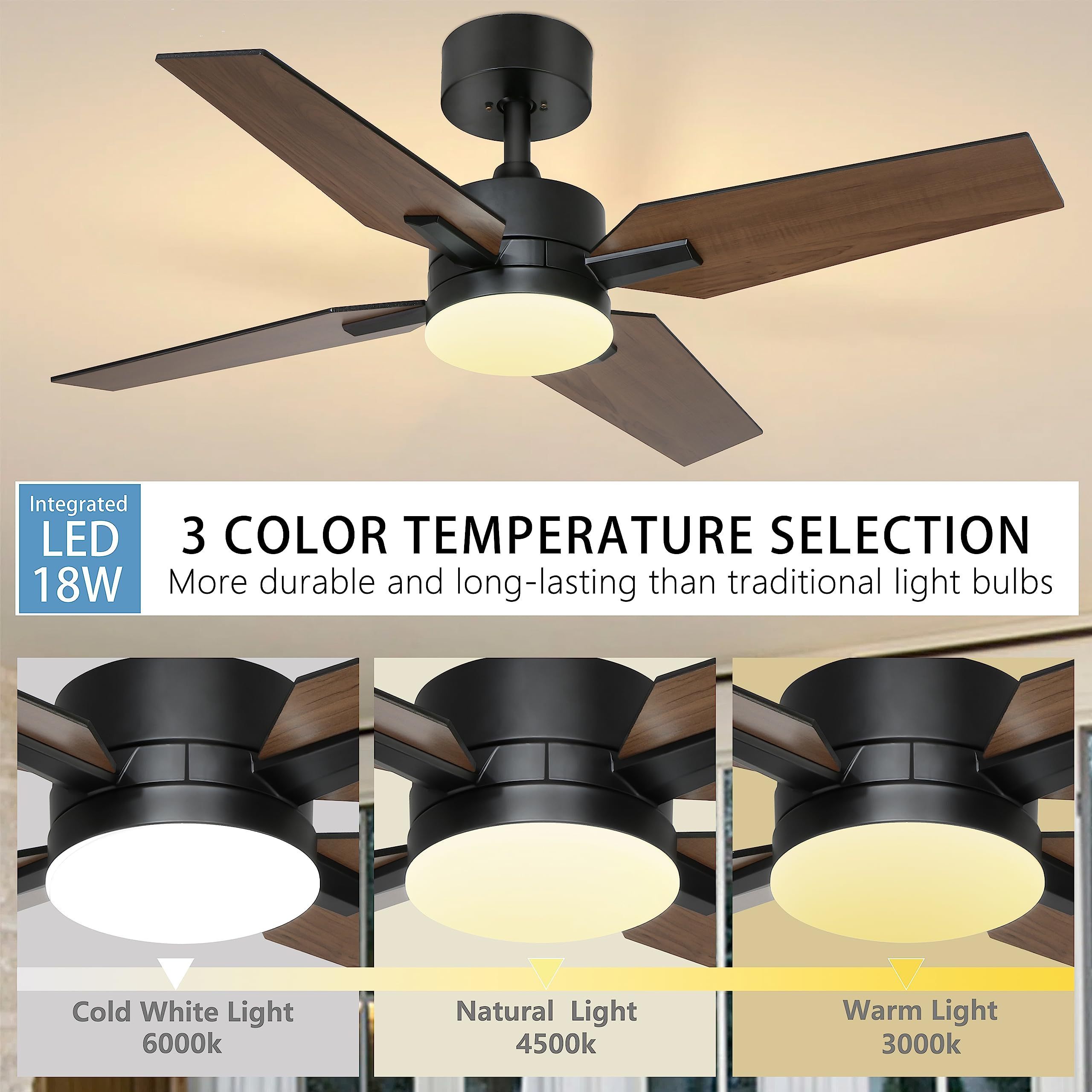 40 inch Modern Small Indoor Ceiling Fan 6 Air Speeds Timer Function DC Motor LED  Ceiling Fans with Light