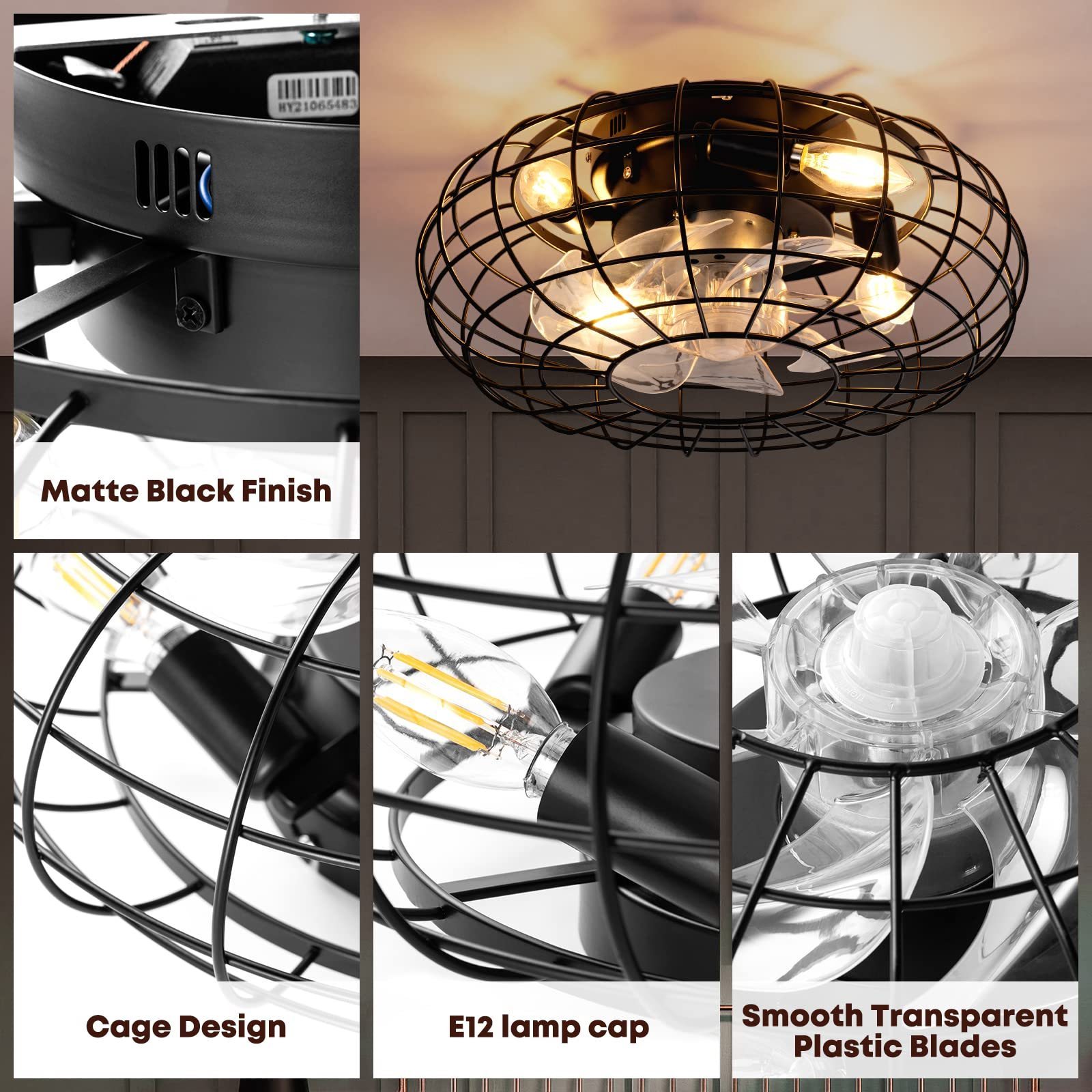 16 Inch Caged Small Industrial Ceiling Fan Flush Mount Farmhouse Light Remote Control 6 Speeds Bladeless  Ceiling Fan Light