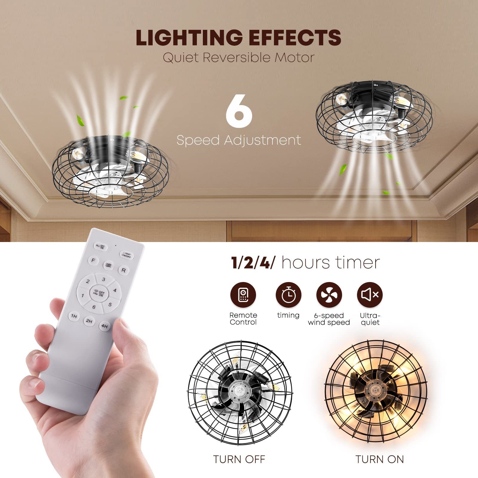 16 Inch Caged Small Industrial Ceiling Fan Flush Mount Farmhouse Light Remote Control 6 Speeds Bladeless  Ceiling Fan Light