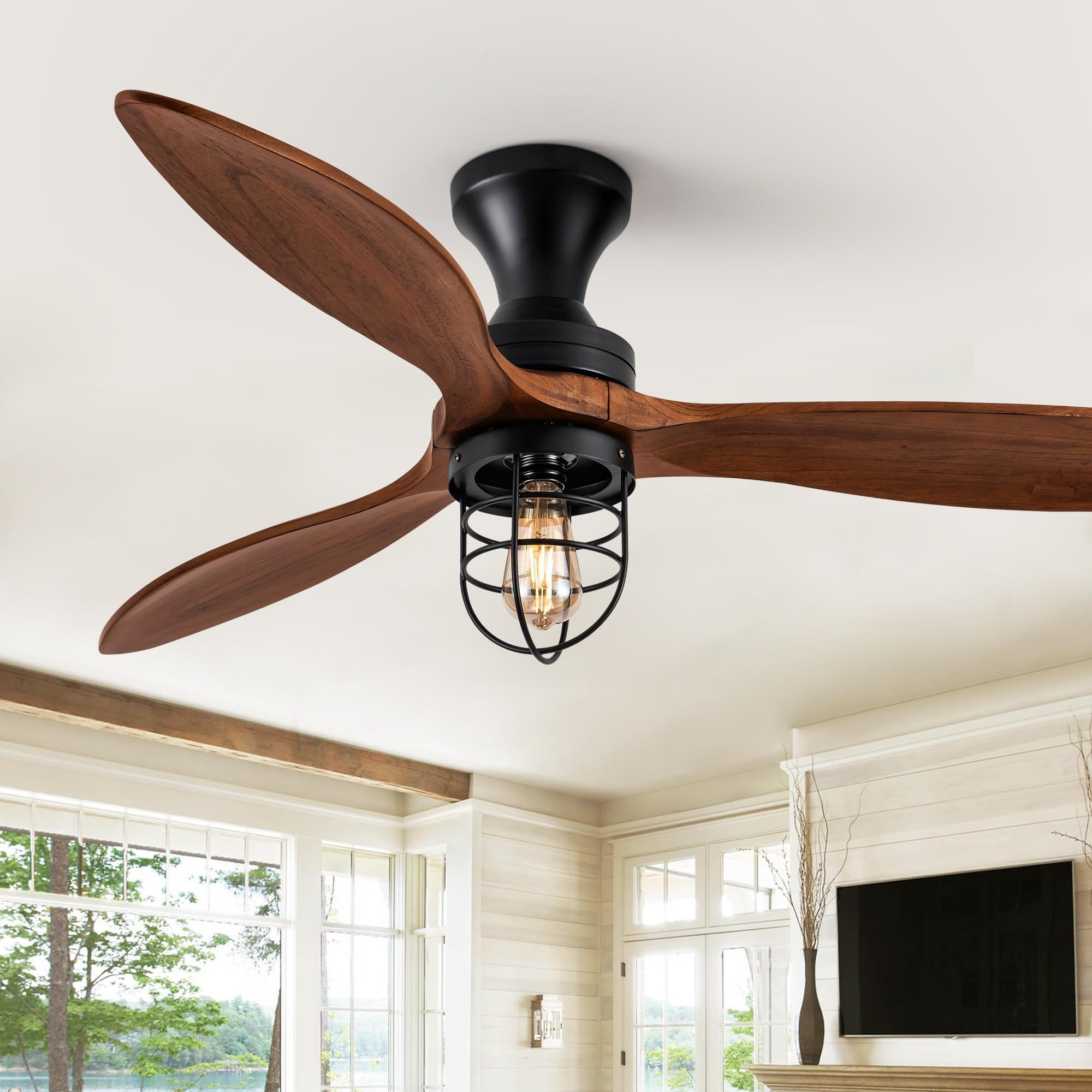 52 Inch Farmhouse Low Profile Ceiling Fan with Lights Modern Bedroom Remote 3 Wood Blades Flush Mount Outdoor DC Ceiling Fan