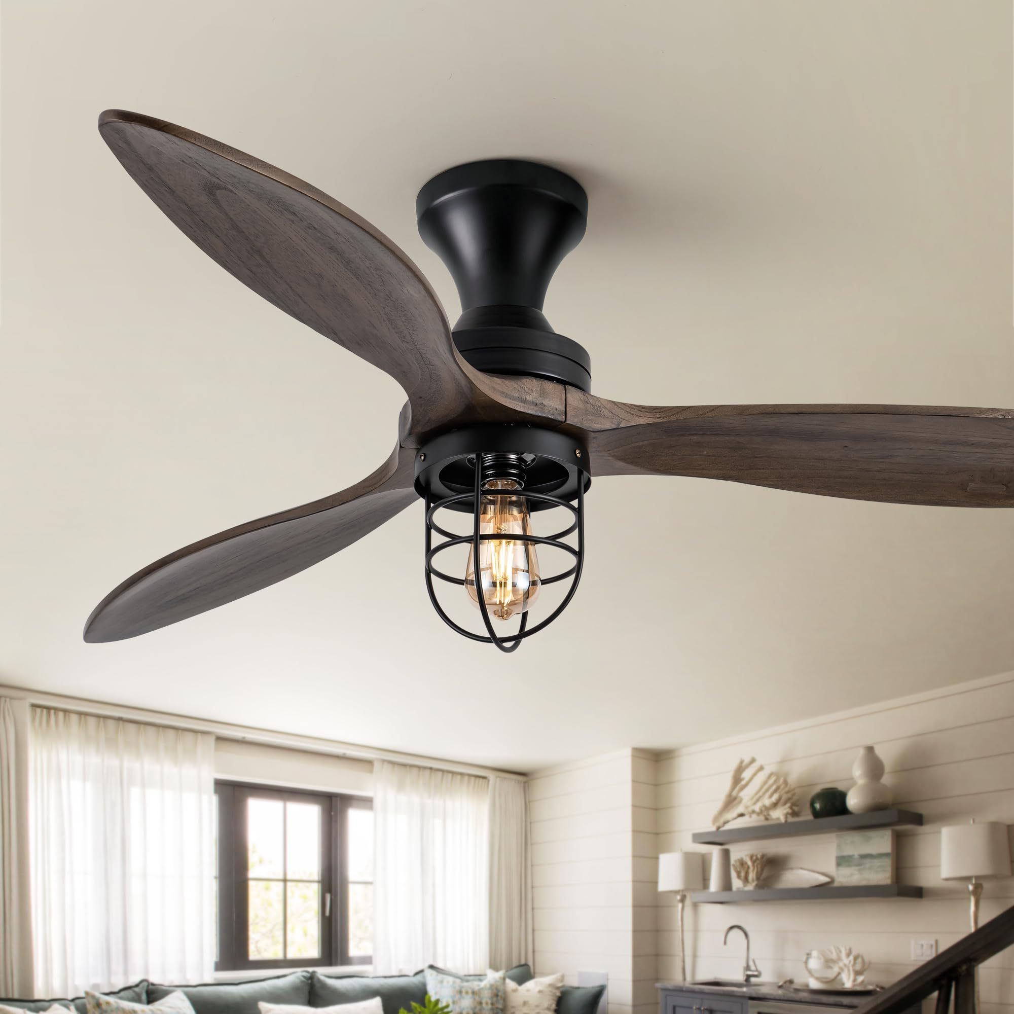 52 Inch Farmhouse Low Profile Ceiling Fan with Lights Modern Bedroom Remote 3 Wood Blades Flush Mount Outdoor DC Ceiling Fan