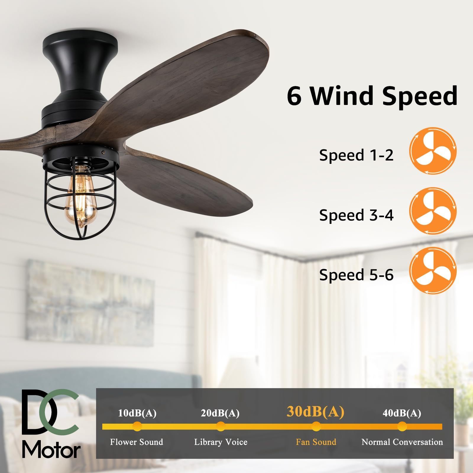 52 Inch Farmhouse Low Profile Ceiling Fan with Lights Modern Bedroom Remote 3 Wood Blades Flush Mount Outdoor DC Ceiling Fan