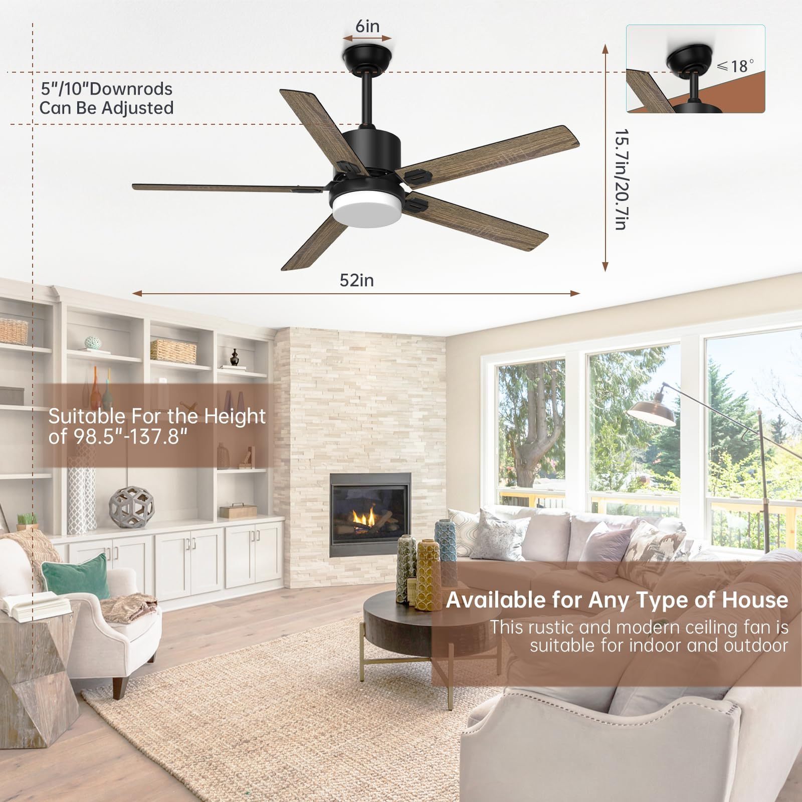 Ceiling Fans with Lights and Remote 52-inch Outdoor/Indoor Fan for Patio Farmhouse Bedroom Ceiling fan