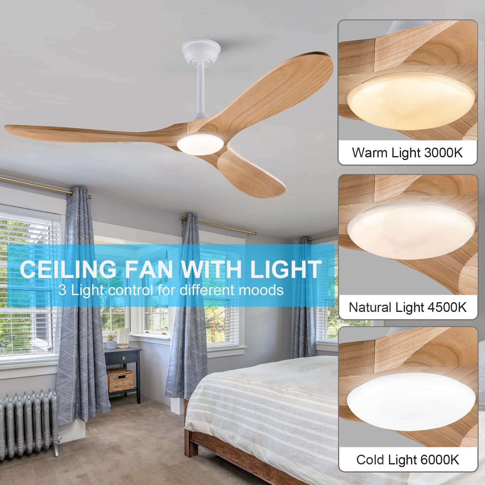 Modern  Large Ceiling Fan Remote Control 3 Wood Blades 15W LED Light DC Motor Indoor Ceiling Fan with Light