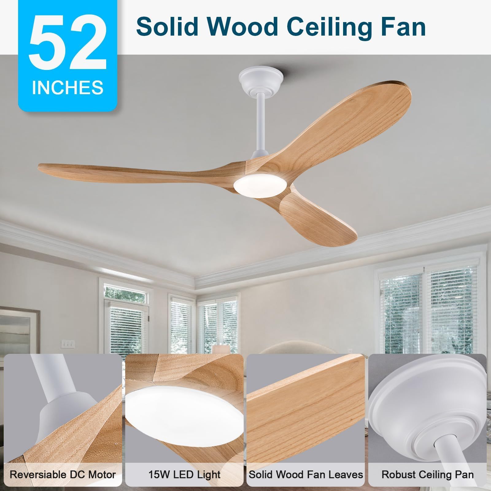 Modern  Large Ceiling Fan Remote Control 3 Wood Blades 15W LED Light DC Motor Indoor Ceiling Fan with Light