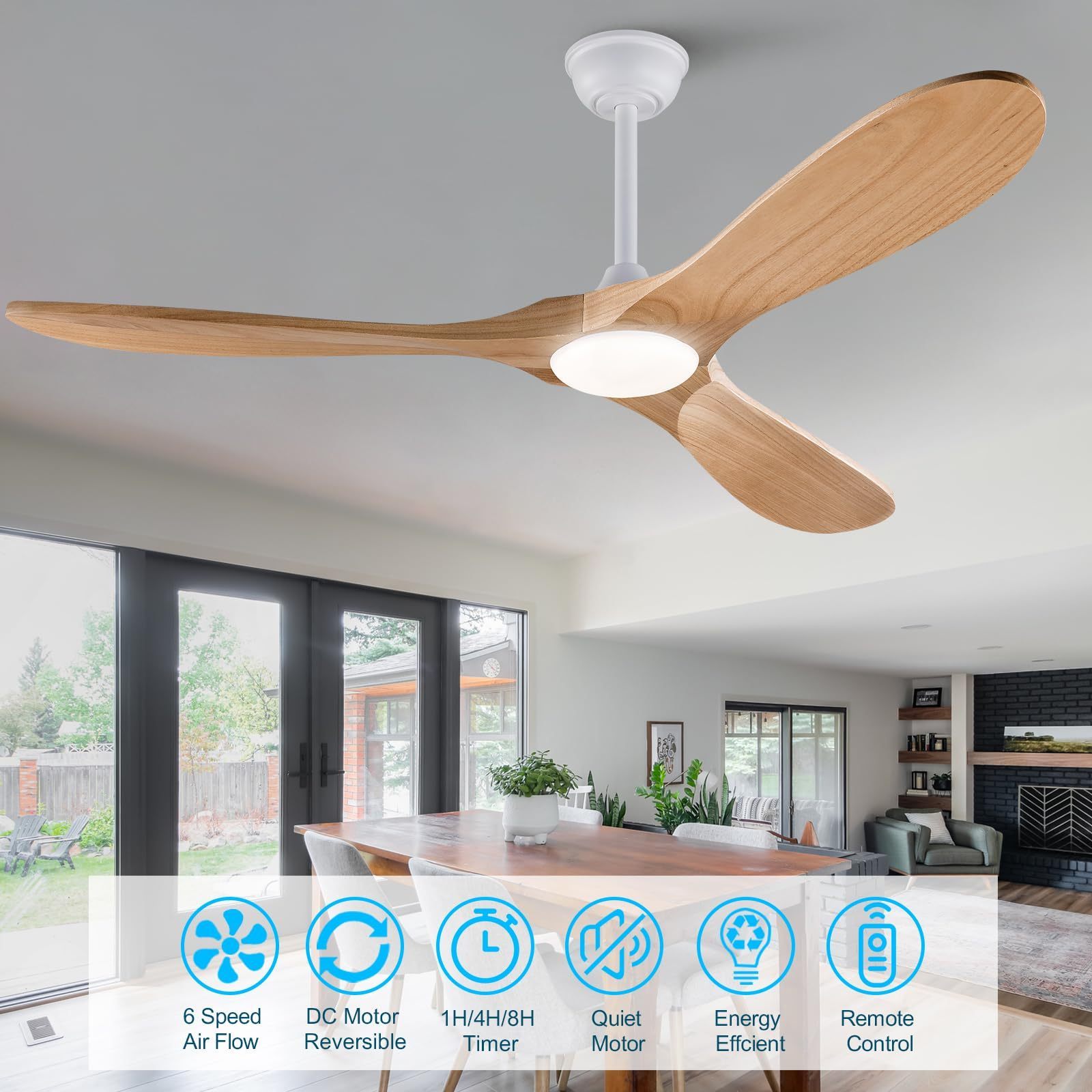 Modern  Large Ceiling Fan Remote Control 3 Wood Blades 15W LED Light DC Motor Indoor Ceiling Fan with Light