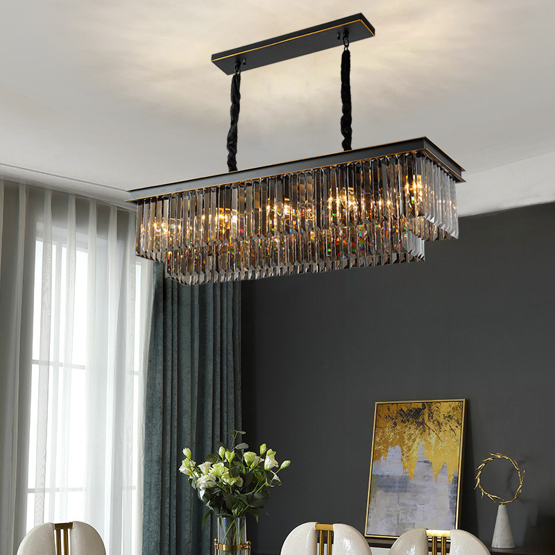 Contemporary Black Crystal Chandelier for Living Room Dining Table Kitchen Island Rectangle Pendant Lighting