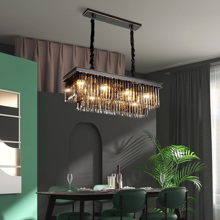 Contemporary Black Crystal Chandelier for Living Room Dining Table Kitchen Island Rectangle Pendant Lighting