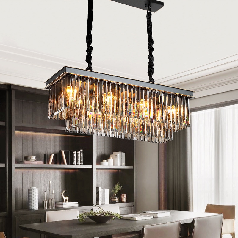 Contemporary Black Crystal Chandelier for Living Room Dining Table Kitchen Island Rectangle Pendant Lighting