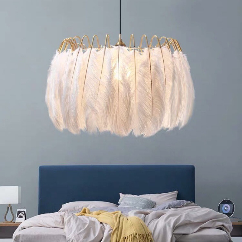 Girls Bedroom LED Lighting Nordic Hanging Lamps Modern White Color Round Feather Chandelier