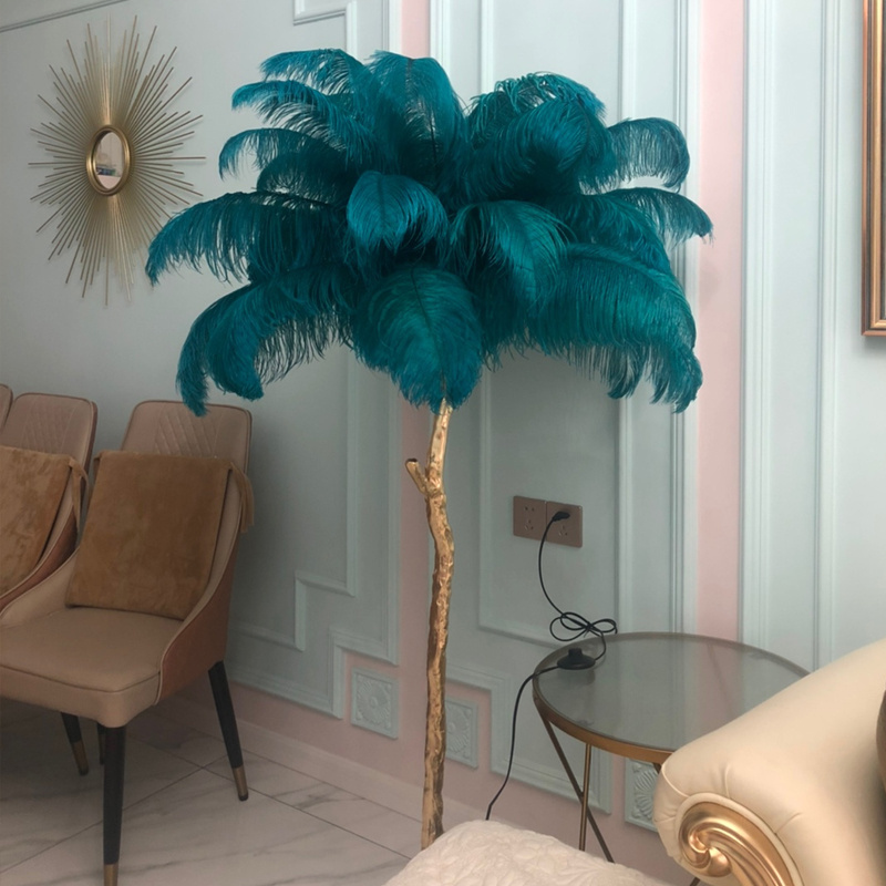 Hotel decoration designer modern palm tree stand floor lights copper ostrich feather floor lamp