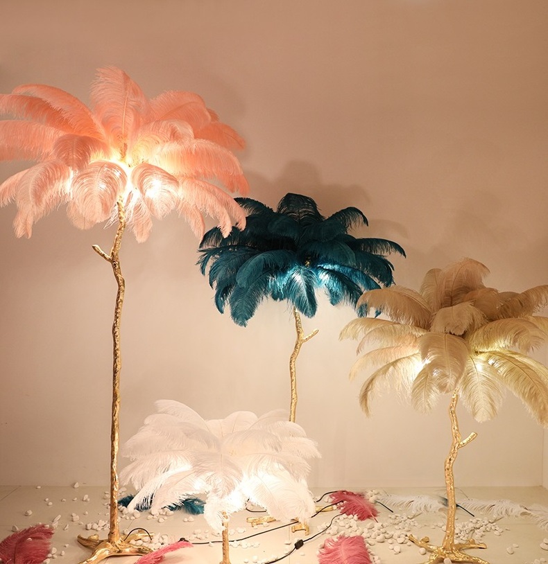 Hotel decoration designer modern palm tree stand floor lights copper ostrich feather floor lamp