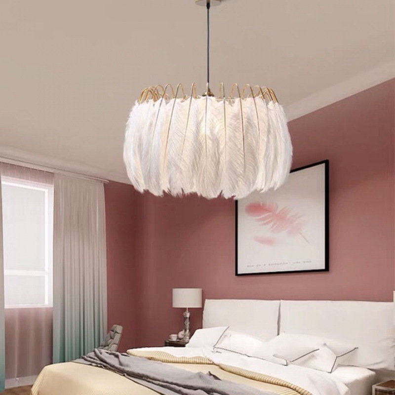 Girls Bedroom LED Lighting Nordic Hanging Lamps Modern White Color Round Feather Chandelier