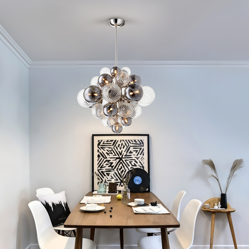 Chrome Finish Dinner Room Glass Ball Hanging Light Smoke Color Chandelier Modern Fixture 15-Light Chandelier