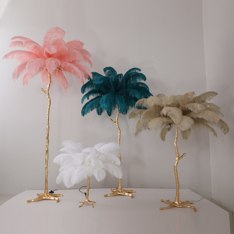 Hotel decoration designer modern palm tree stand floor lights copper ostrich feather floor lamp