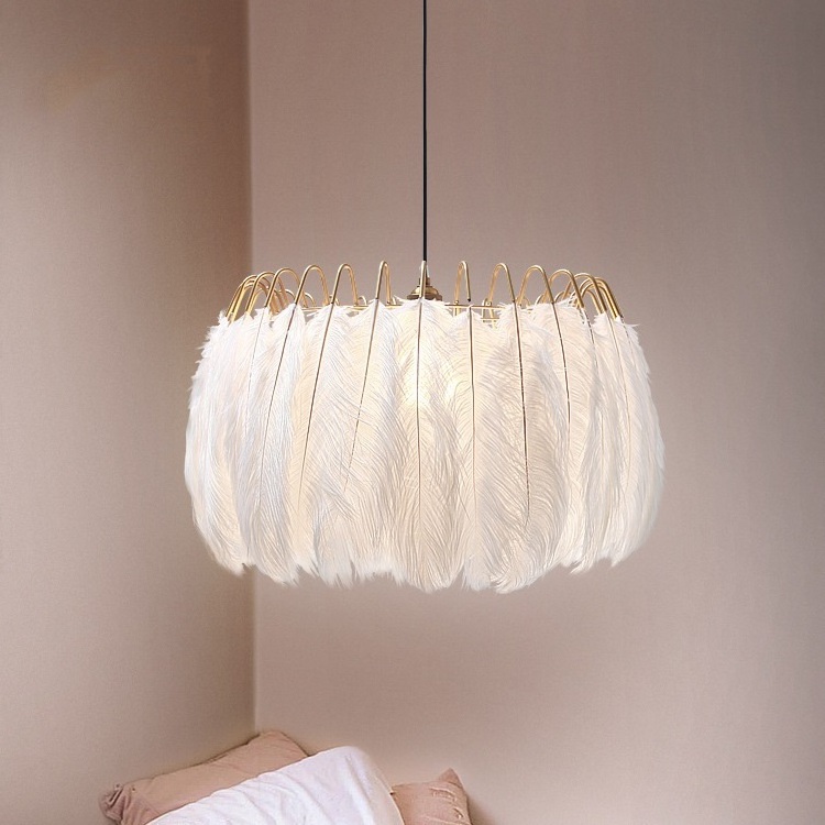 Girls Bedroom LED Lighting Nordic Hanging Lamps Modern White Color Round Feather Chandelier