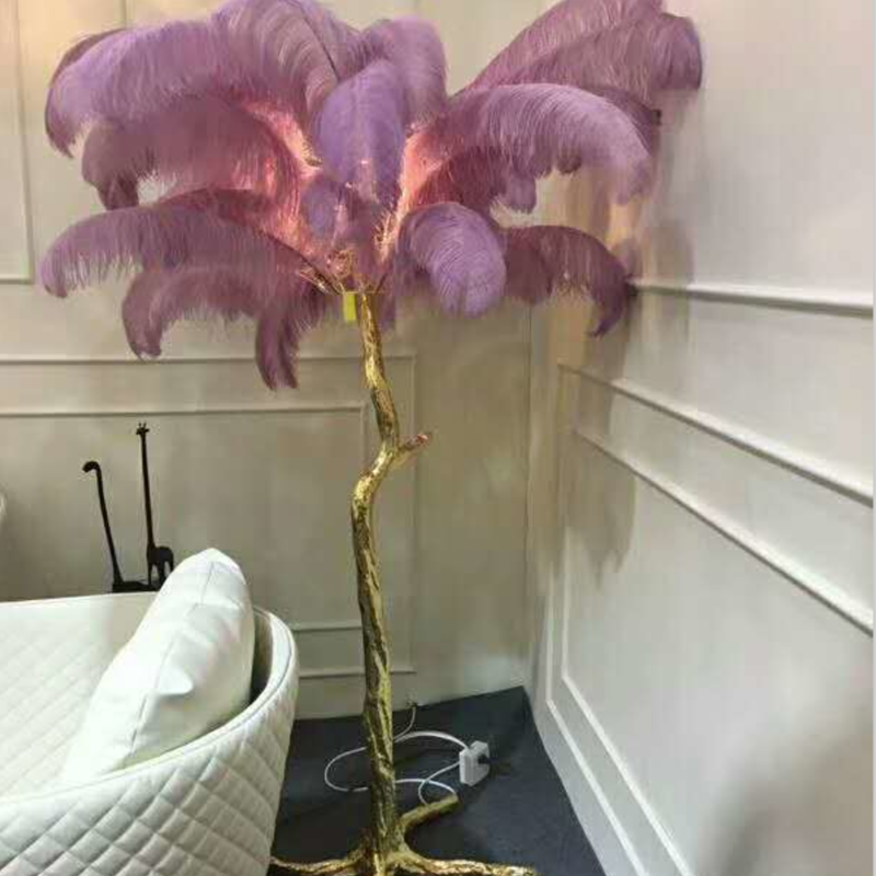 Hotel decoration designer modern palm tree stand floor lights copper ostrich feather floor lamp