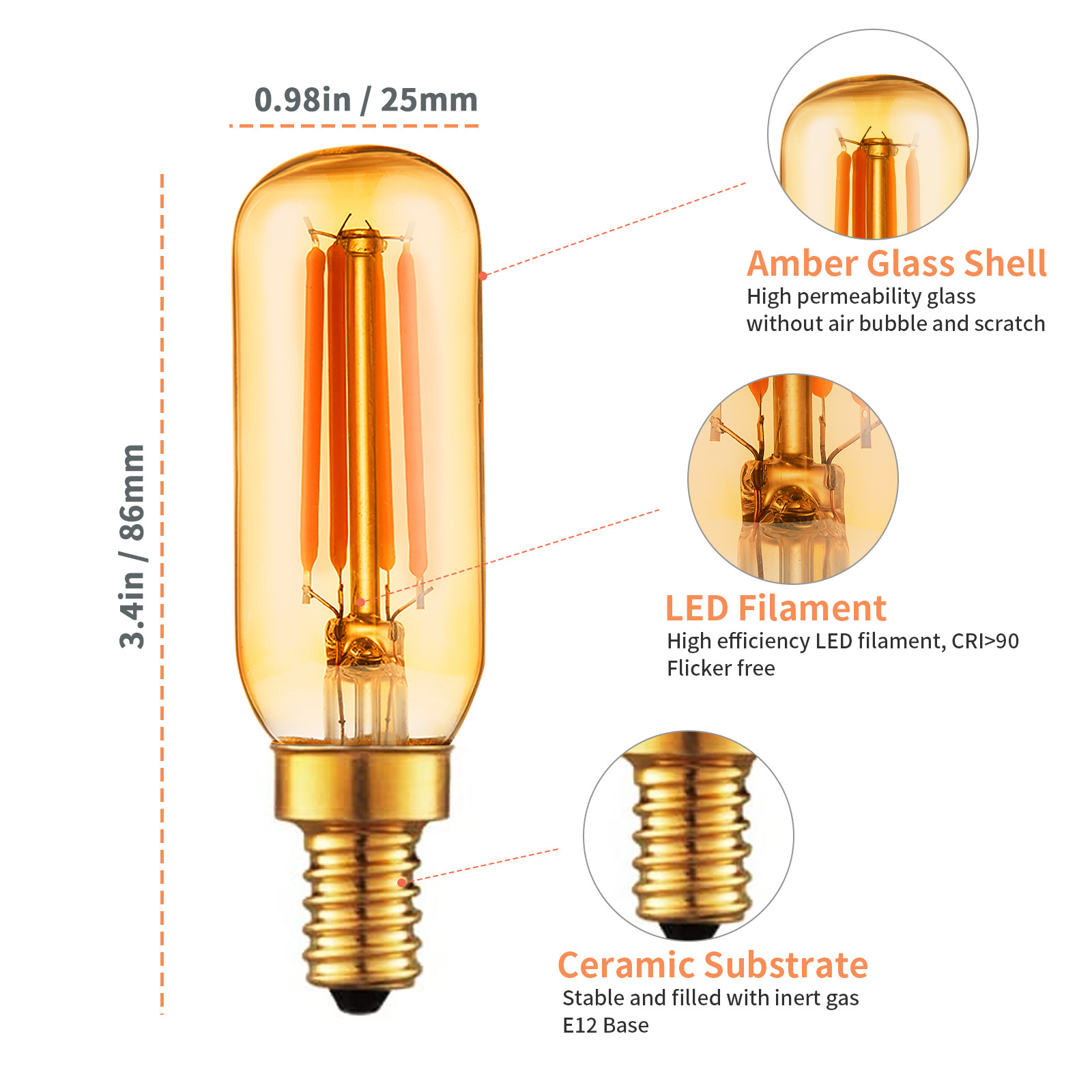 T6 Amber LED Bulb E12 Candelabra 40W Bulb Dimmable Edison Replacement Bulb for Chandelier Ceiling Fan and Pendant Light