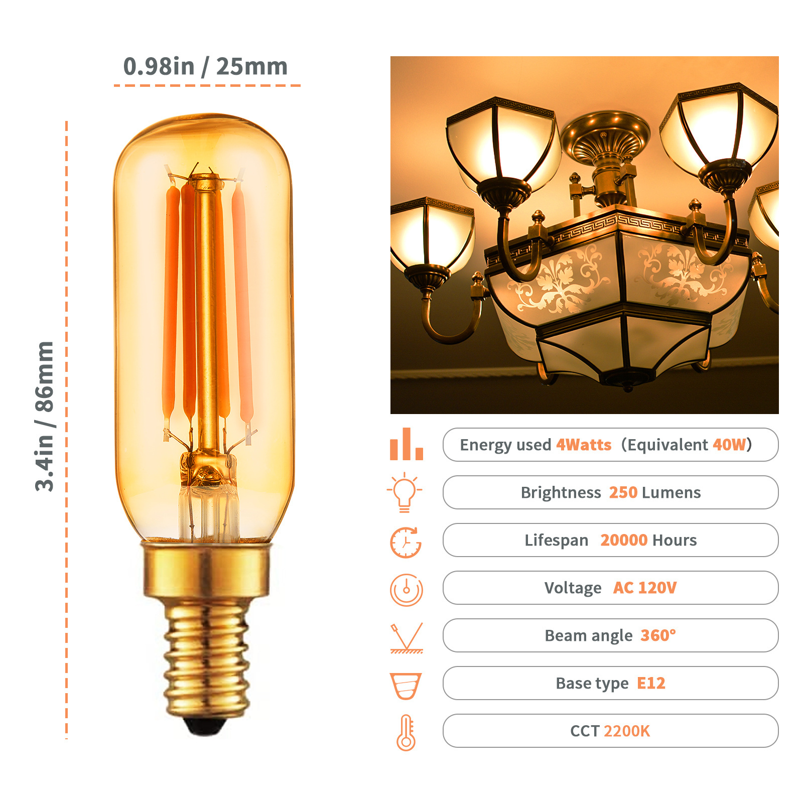 T6 Amber LED Bulb E12 Candelabra 40W Bulb Dimmable Edison Replacement Bulb for Chandelier Ceiling Fan and Pendant Light