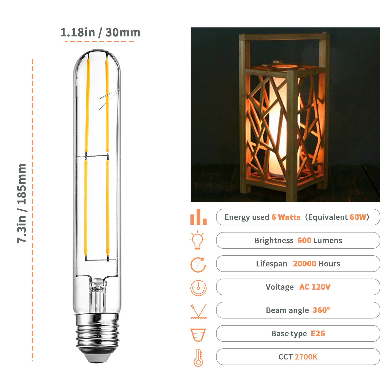 T30 Tubular Bulbs LED Bulb E26 Base Soft White 2700K, 7.3 Inch Long Tube Light Bulb, 60-Watt Incandescent Equivalent