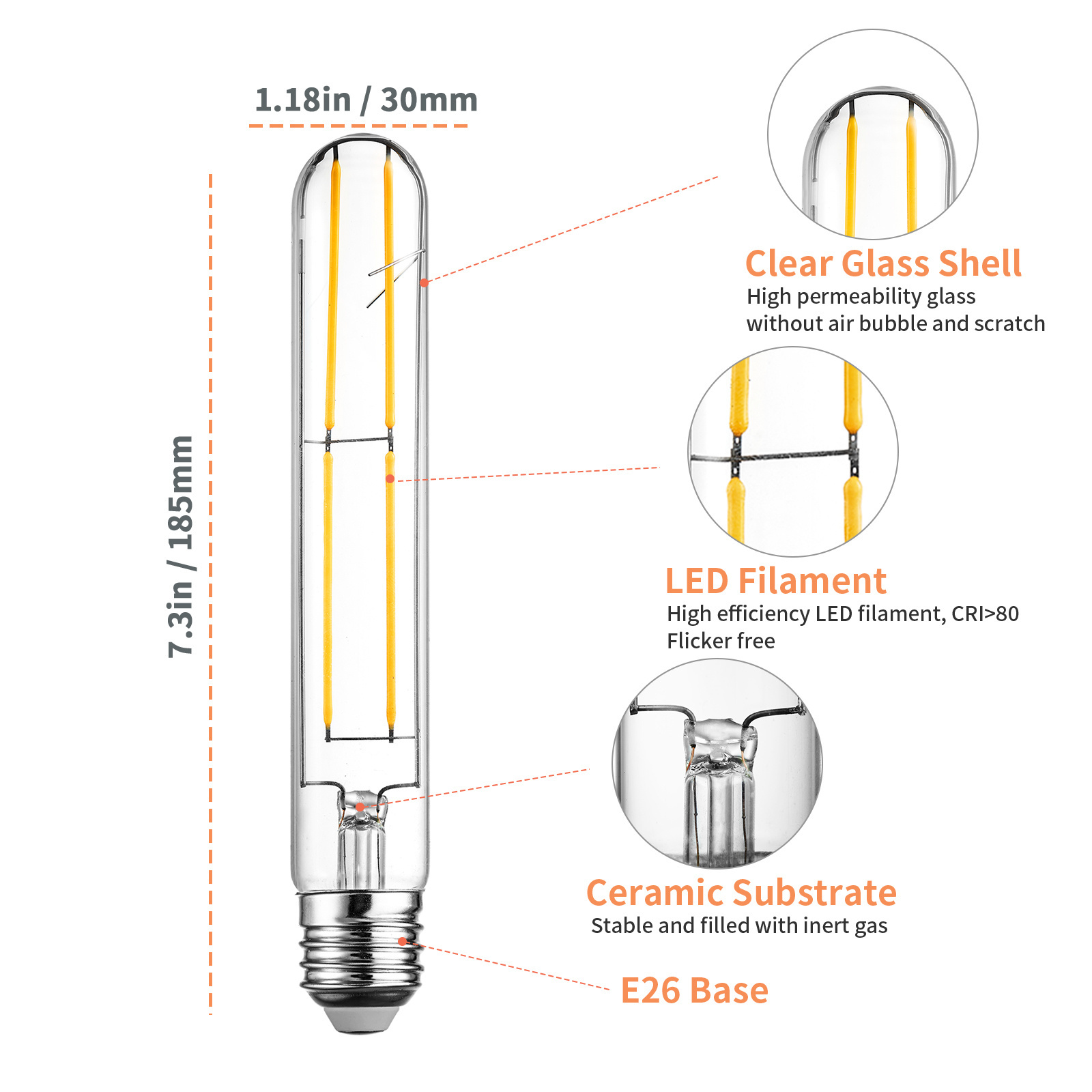 T30 Tubular Bulbs LED Bulb E26 Base Soft White 2700K, 7.3 Inch Long Tube Light Bulb, 60-Watt Incandescent Equivalent