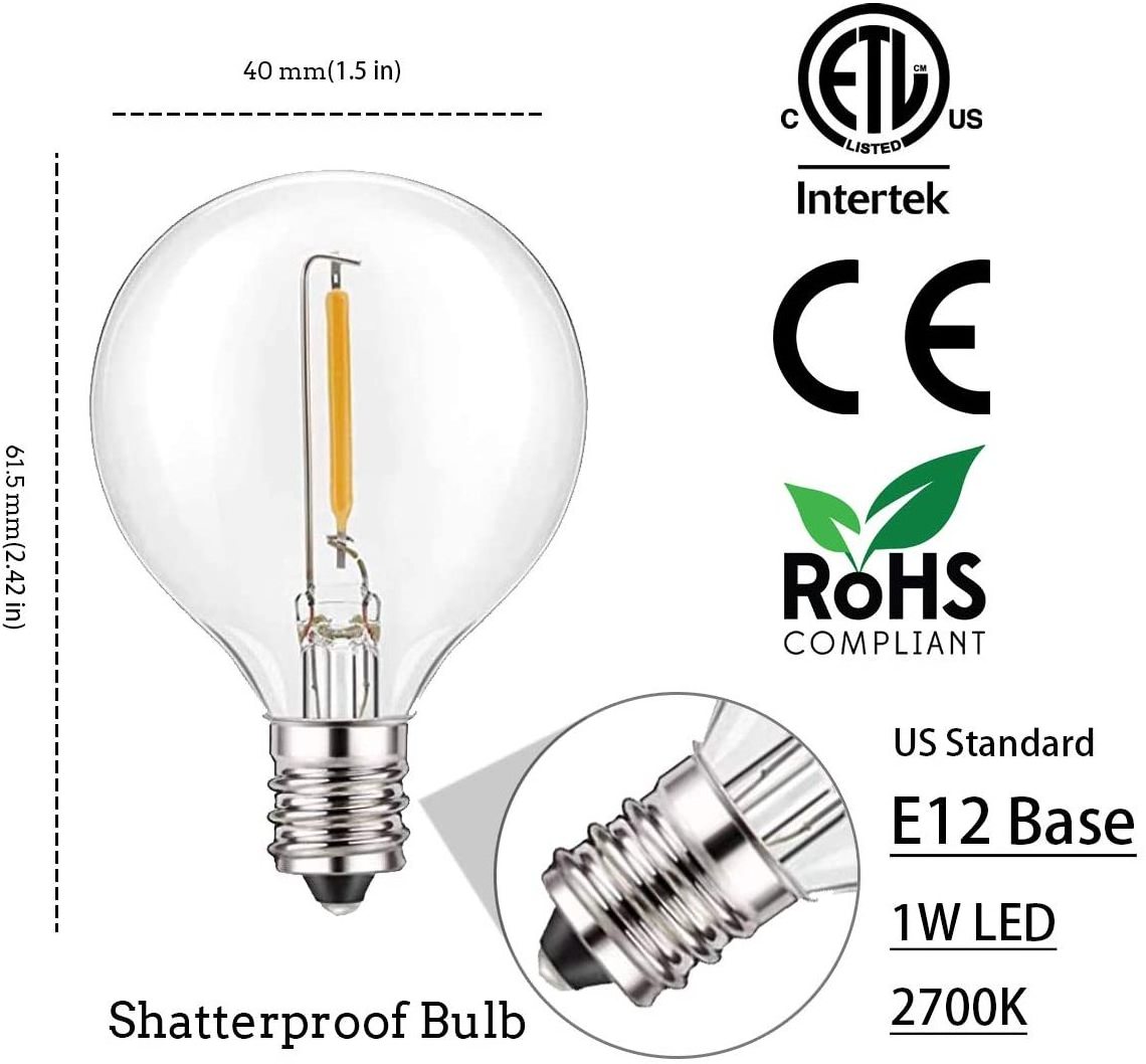 G40 Led Replacement Light Bulbs, E12 Screw Base Shatterproof LED Globe Bulbs Light for Outdoor String Lights,1Watt