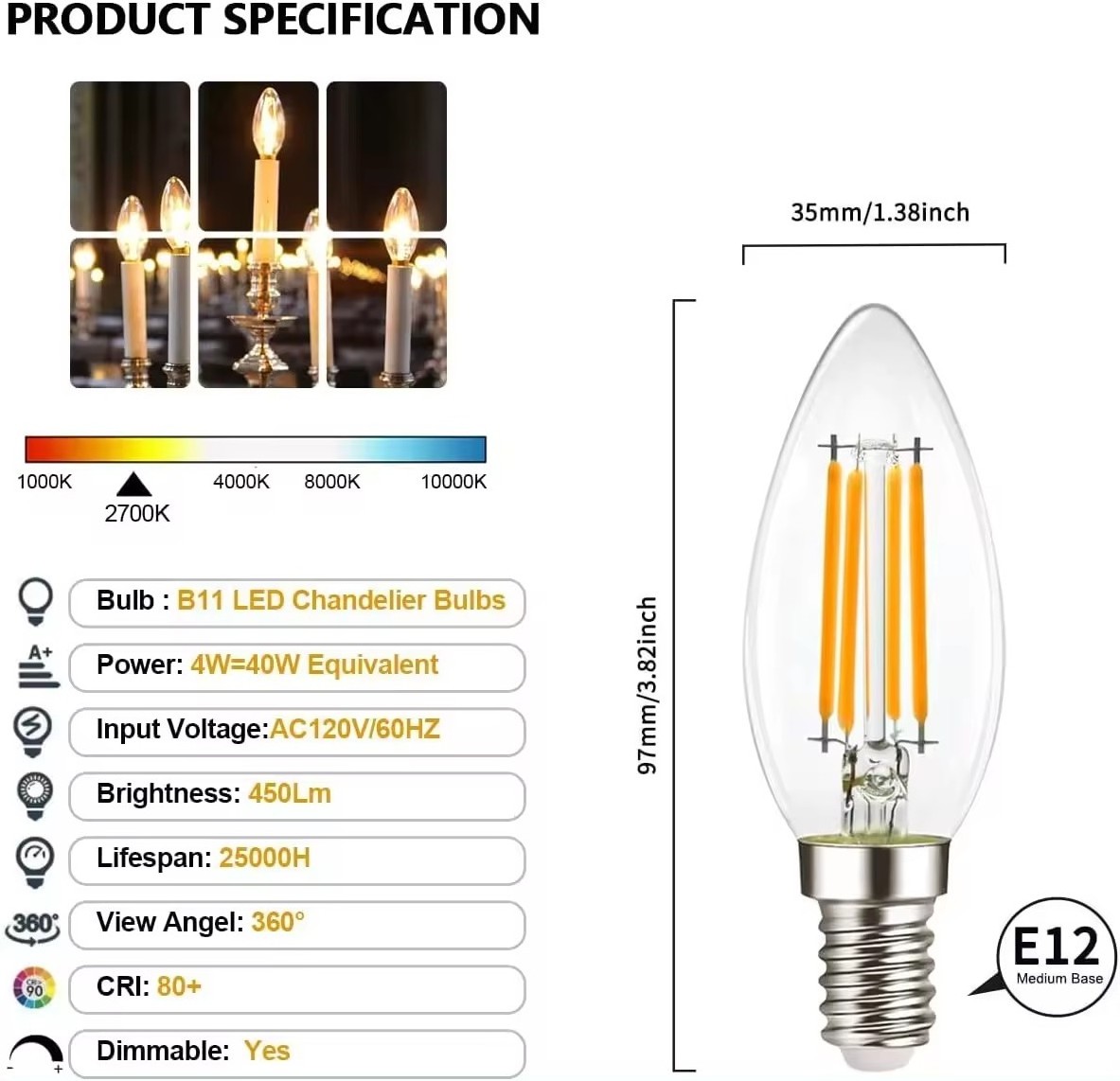 Hot selling and high-quality, tapered retro Edison light bulb filament used for LED ceiling lights and ceiling fan lights