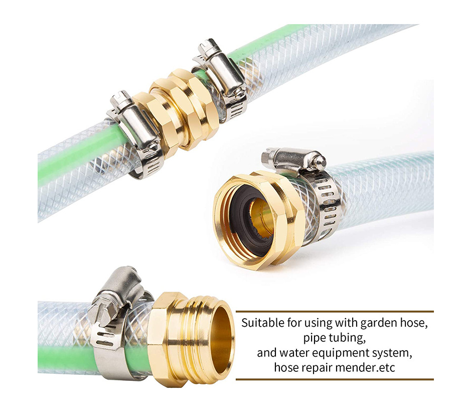 3/4 GHT Brass Garden Hose Mender End Repair Kit Quick Connect with Stainless Steel Clamp Female and Male Hose Connector