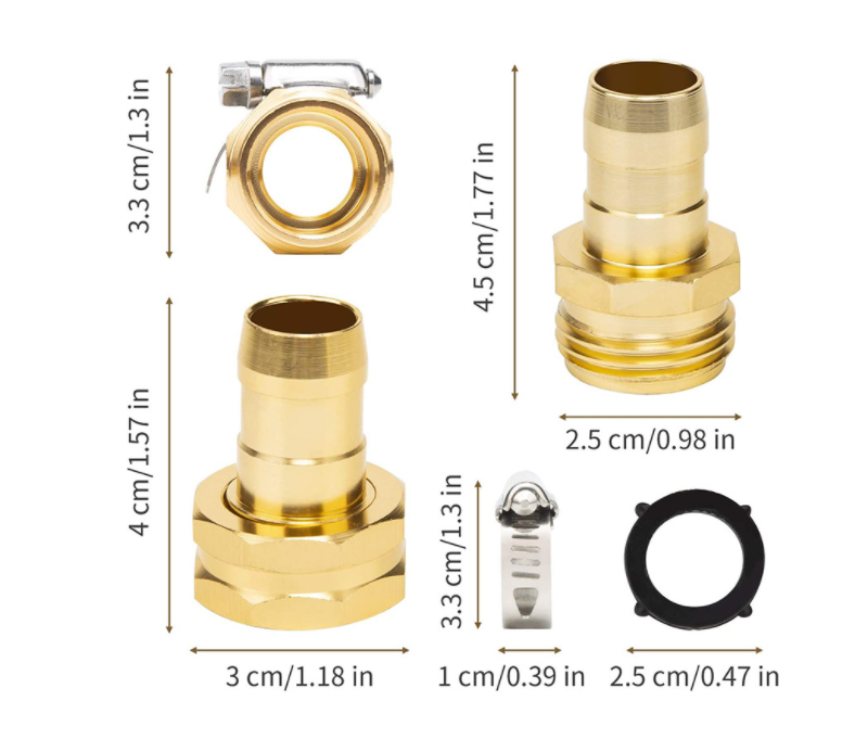 3/4 GHT Brass Garden Hose Mender End Repair Kit Quick Connect with Stainless Steel Clamp Female and Male Hose Connector