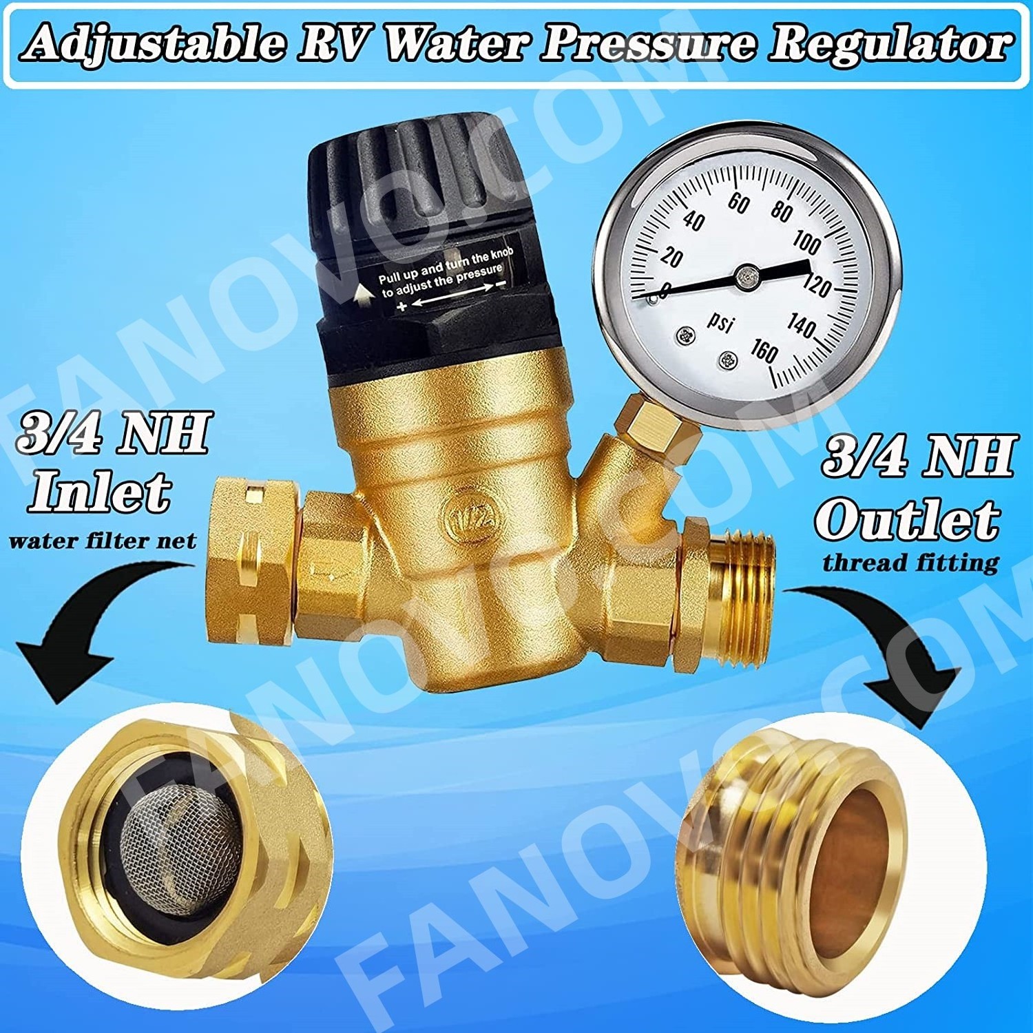 Brass Lead-Free  Handle Adjustable RV Water  Pressure  Regulator Valve  Water Pressure Reducer with Gauge