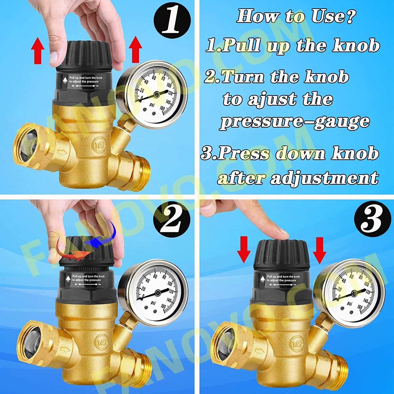 Brass Lead-Free  Handle Adjustable RV Water  Pressure  Regulator Valve  Water Pressure Reducer with Gauge