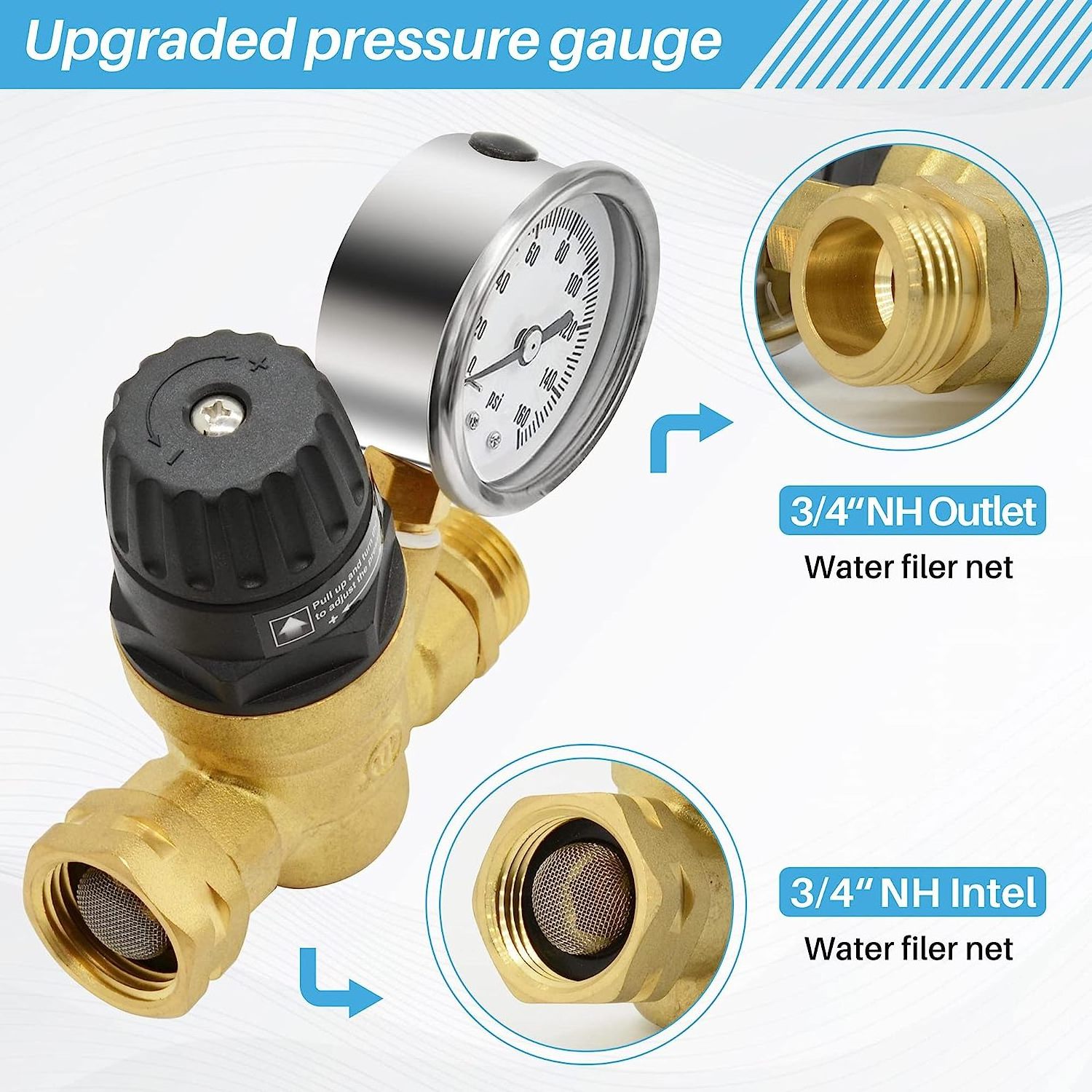 3/4inch  GHT  Brass RV Pressure Reducing Valve Handle Adjustable RV Water  Pressure  Regulator with Gauge