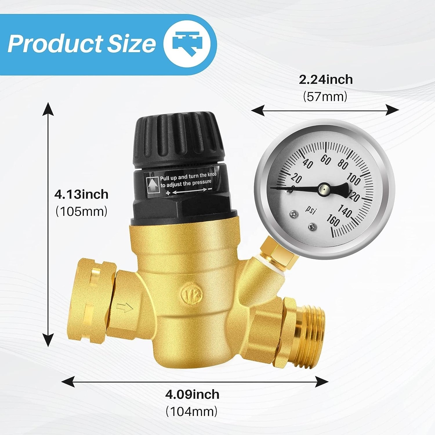 3/4inch  GHT  Brass RV Pressure Reducing Valve Handle Adjustable RV Water  Pressure  Regulator with Gauge