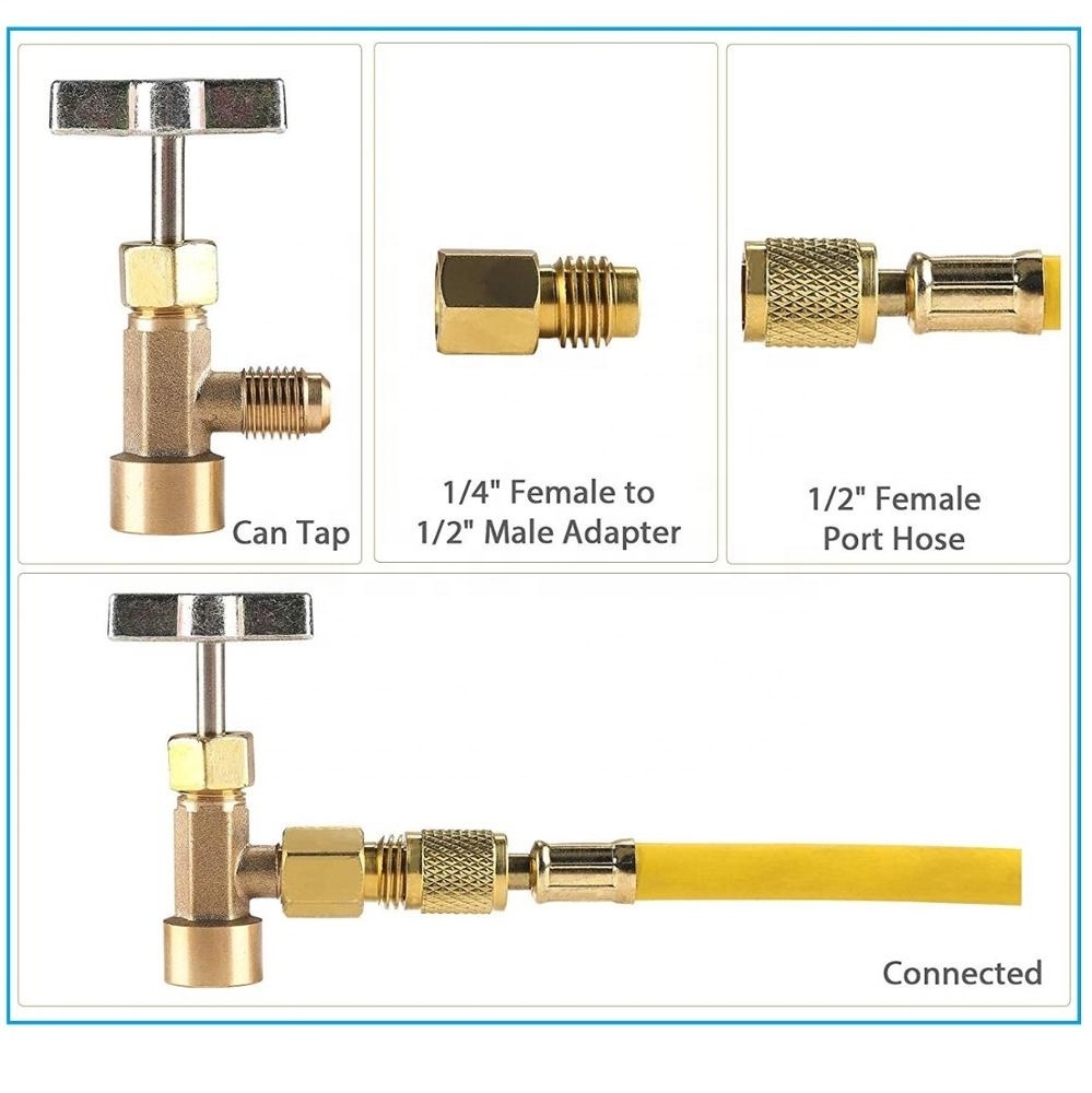 R134A Can Tap Valve with Tank Adapter for 1/4 and 1/2 inch AC Freon Charging Hose non-self-sealing Can Valve