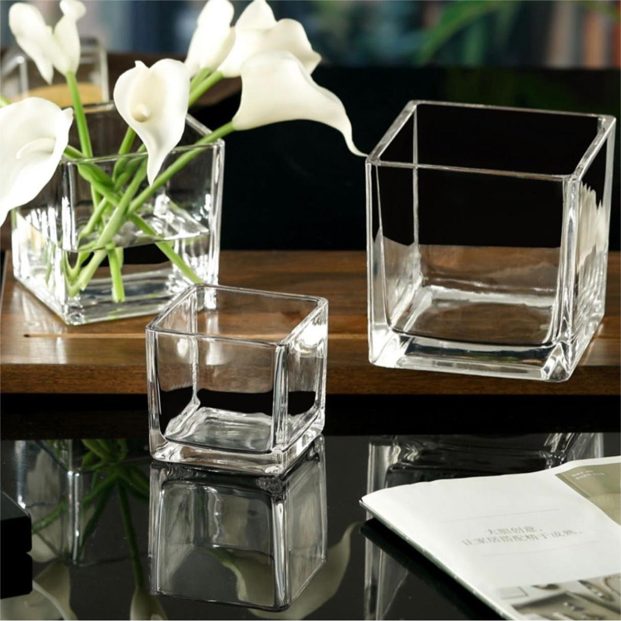 In Stock Simple Decorative Table Cube Plant Flower Vases Clear Square Heavy Flower Glass Vase