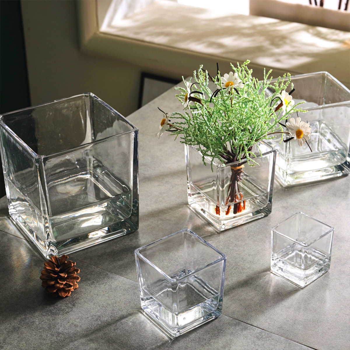 In Stock Simple Decorative Table Cube Plant Flower Vases Clear Square Heavy Flower Glass Vase