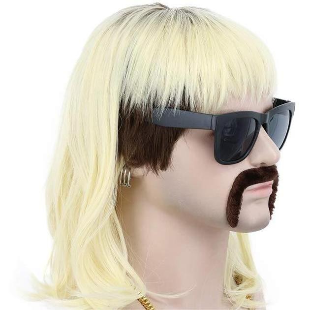 70s 80s Adult Men Long Black Root Blonde Mullet Mutsache Wig with Gold Necklace Earrings Halloween Costume Cosplay Wig