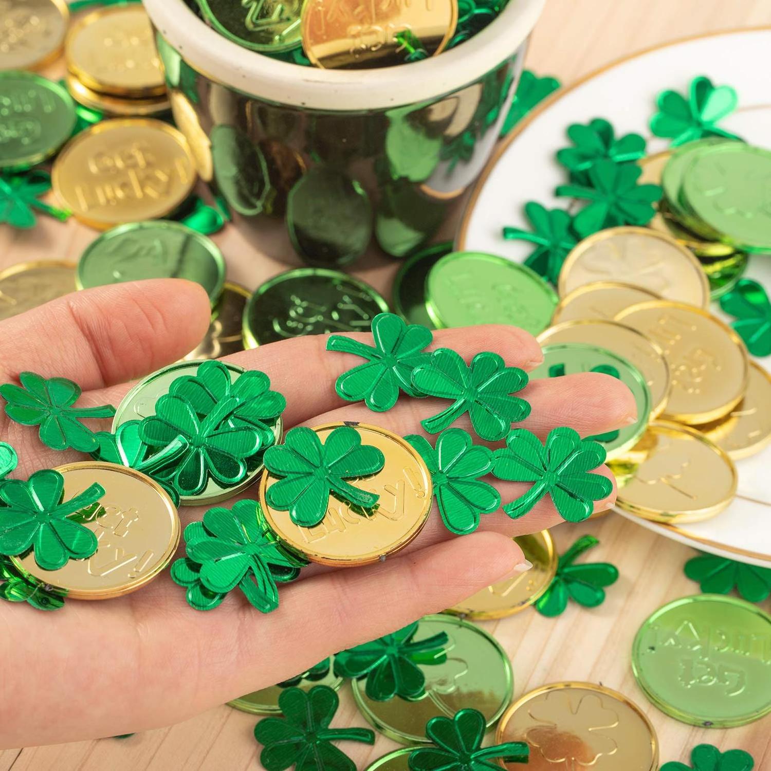 St Patricks Day Table Decorations Plastic Good Luck Coins Shamrock Clover Confetti Table Sprinkles Party Playing Game Money Coin