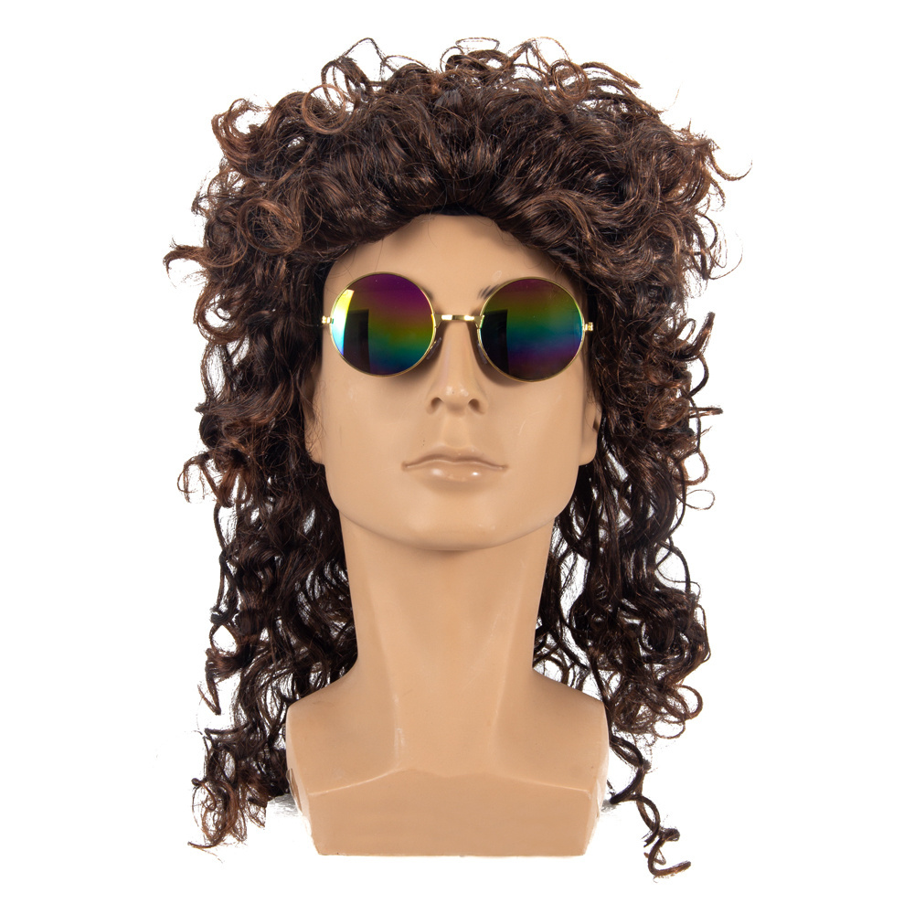 2023 Mens 80S Long Curly Black Rocker Costume Wig Punk Heavy Metal Mullet Wig