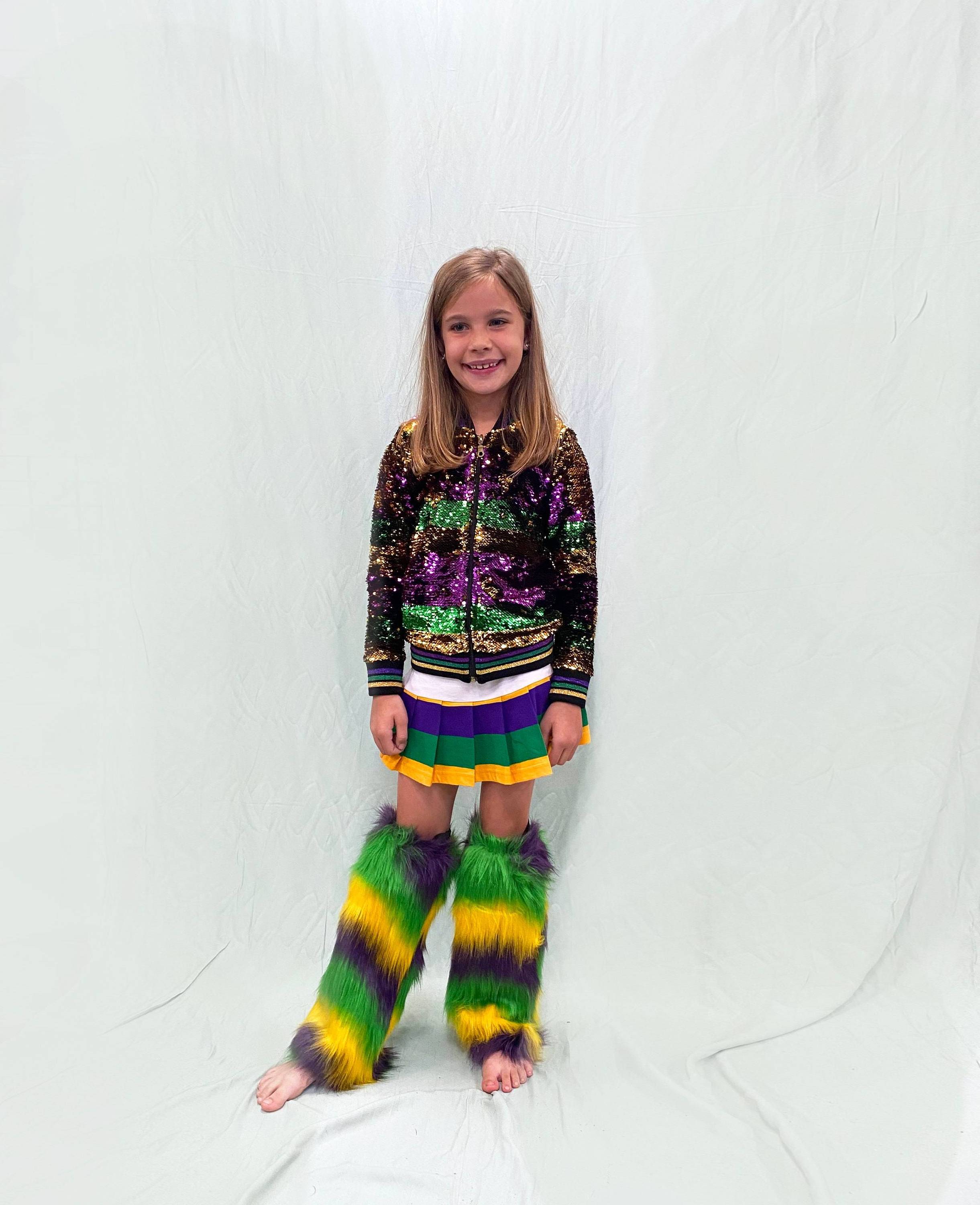 Mardi Gras Purple Yellow Green Furry Leg Warmers for Women Masquerade Mardi Gras Costume