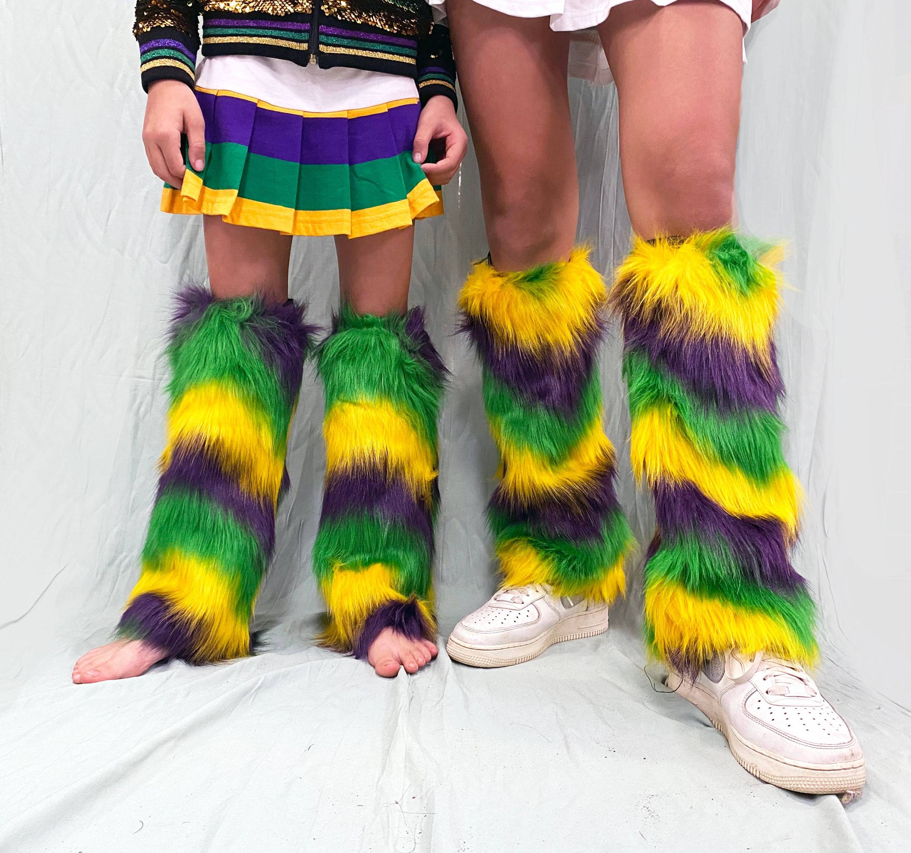 Mardi Gras Purple Yellow Green Furry Leg Warmers for Women Masquerade Mardi Gras Costume