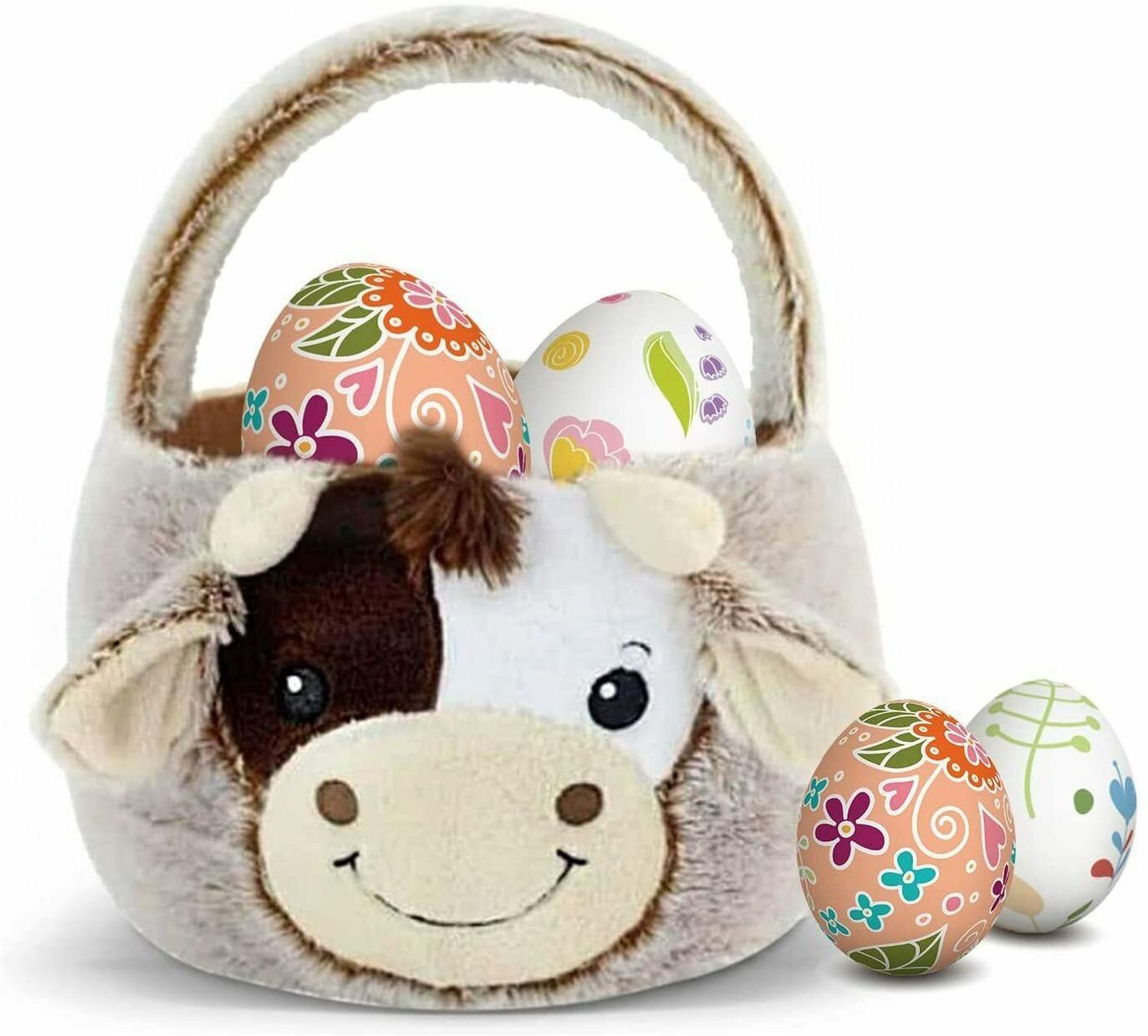 Plush Cow Easter Basket Egg Hunting Easter Gifts Bags for Boys Girls Easter Candy Gifts Storage Tote Bags