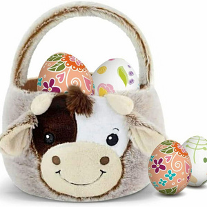 Plush Cow Easter Basket Egg Hunting Easter Gifts Bags for Boys Girls Easter Candy Gifts Storage Tote Bags