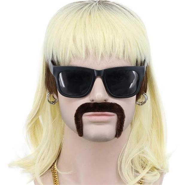 70s 80s Adult Men Long Black Root Blonde Mullet Mutsache Wig with Gold Necklace Earrings Halloween Costume Cosplay Wig