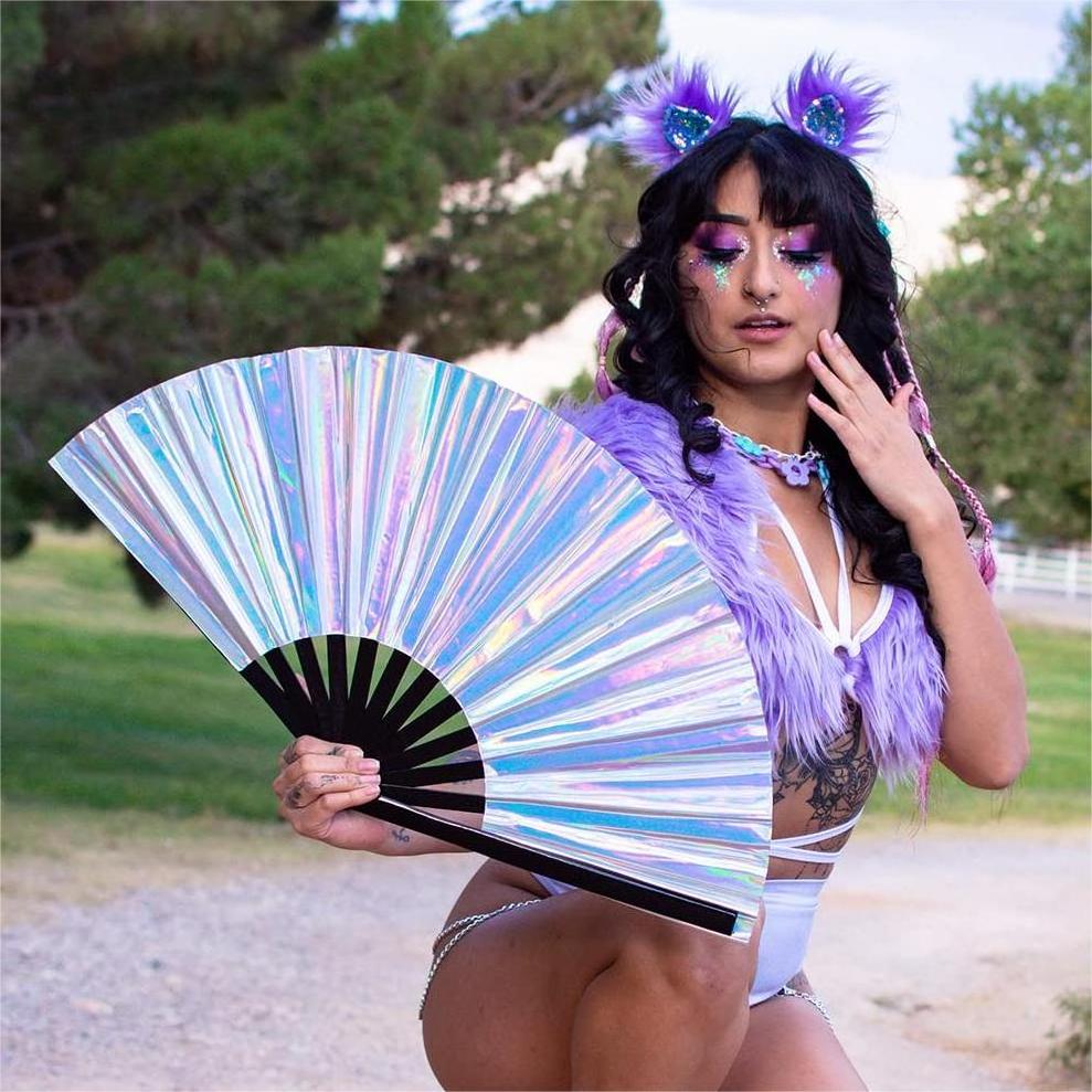 Large Folding Fan for Party Festival Handheld Fan Halloween Burlesque Rave Accessory Foldable Clack Handheld Fan for Women