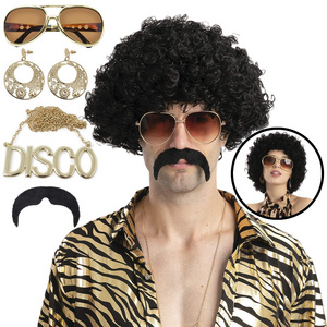 Unisex Black Short Curly Synthetic Cosplay Wig 70s Disco 5 Piece Mustache Gold Chain Halloween Costume Party Wig