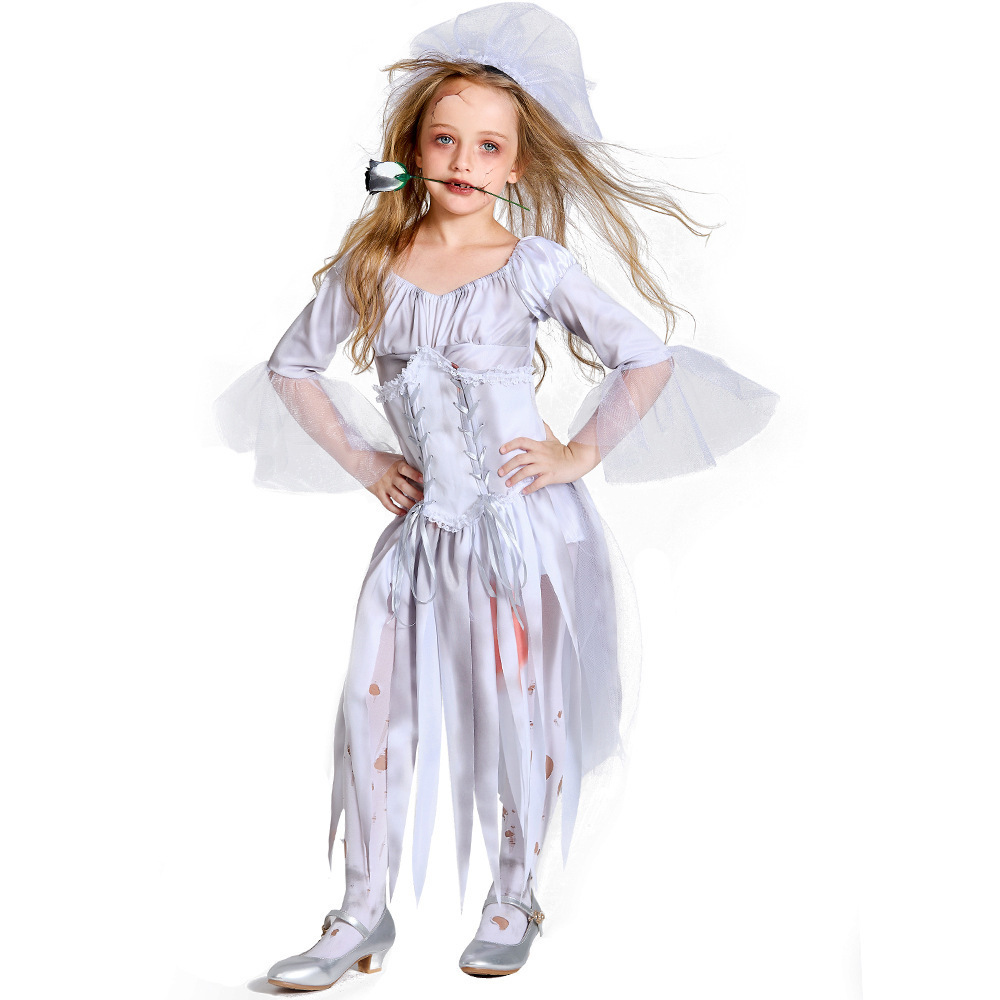 Zombie Vampire Role Play White Short Dress Halloween Ghost Bride Cosplay Costume with Blood Performance Uniform