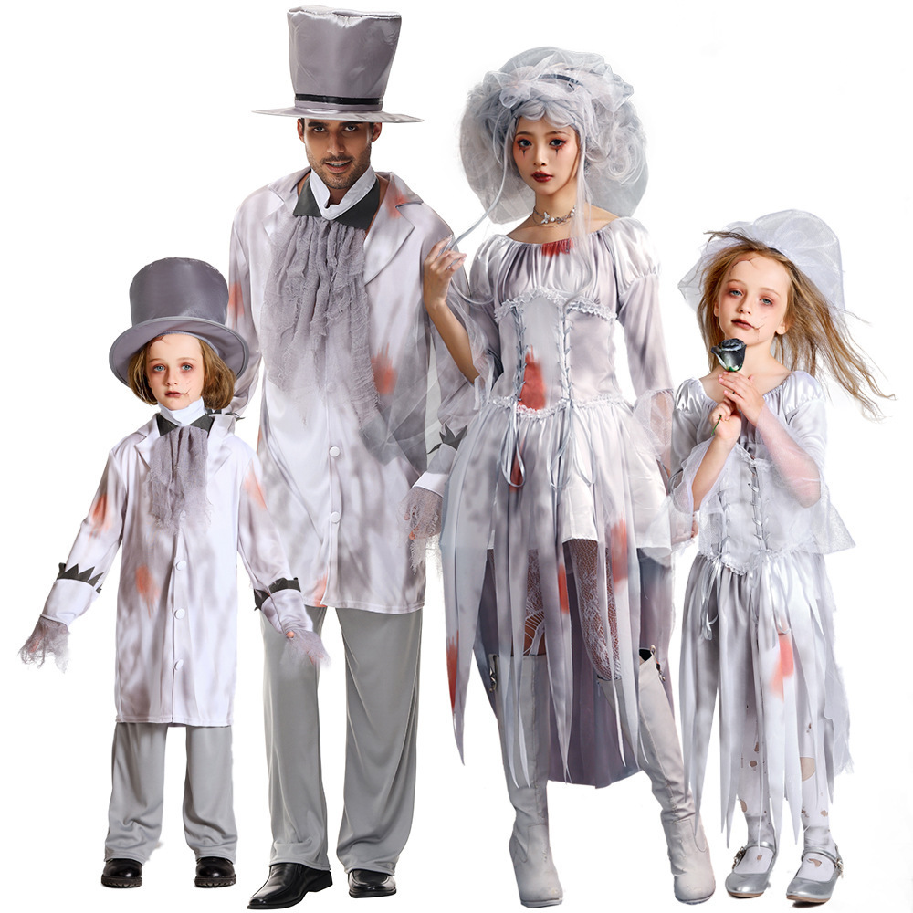 Zombie Vampire Role Play White Short Dress Halloween Ghost Bride Cosplay Costume with Blood Performance Uniform