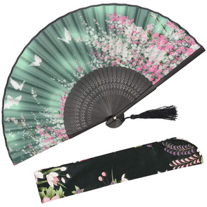 Wholesale Custom Printed Logo Folding Hand Held Fan Fabric Wedding Bamboo Hand Fan Personalized